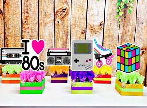 I love 80's Theme Party Decoration | Rosie's Posh Parties 90s Party Decorations, 80s Birthday, 80s Party Decorations, I Love The 80s, Guest Table Centerpieces, Centerpiece Party, Baby Shower Party Themes, Paper Video, Birthday Centerpiece