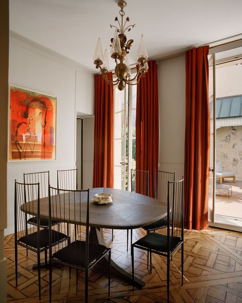 Jean Michel Frank, The Paris Apartment, Pierre Yovanovitch, Orange Curtains, Daybed Design, Iron Chair, Oak Shelves, Oak Panels, Parisian Apartment