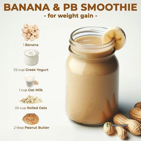 Get more AMAZING smoothie recipes by joining the 21-day Smoothie Diet challenge! Lose weight, reduce bloating, improve skin, increase energy levels and feel your best! LINK IN MY BIO! 👀 💚 @smoothie.wellness . 👉 Join the 21-day challenge🗓 for more smoothie recipes like this ..Link in bio 🔗 @smoothie.wellness . 💚 Follow @smoothie.wellness for daily smoothie recipes! . #ClickLinkInMyBio👉 @smoothie.wellness for the recipe and try it today! Fueling gains never tasted so good! 🥜🍌 Try this PB & ... Smoothie To Gain Weight Recipes, Smoothie Recipes For Weight Gain Health, Smoothie For Weight Gain Healthy, Banana Pb Smoothie, Weight Gain Smoothie, Pb Smoothie, Quick Smoothie Recipes, Gain Meals, Gain Weight Smoothie