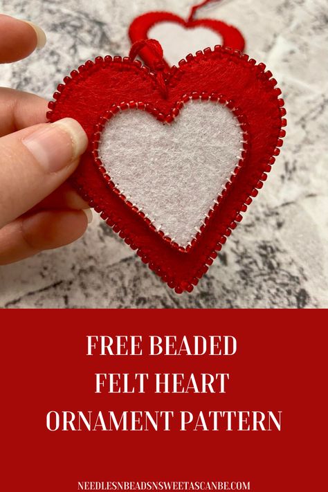 Here is my newest felt pattern. A free beaded felt heart pattern. This is perfect for Valentine's day or for a Christmas tree. Felt Heart Ornaments, Valentine's Day Decorations, Holiday Sewing, Felt Beads, Pink Felt, Fabric Hearts, Ornament Pattern, Felt Pattern, Felt Heart