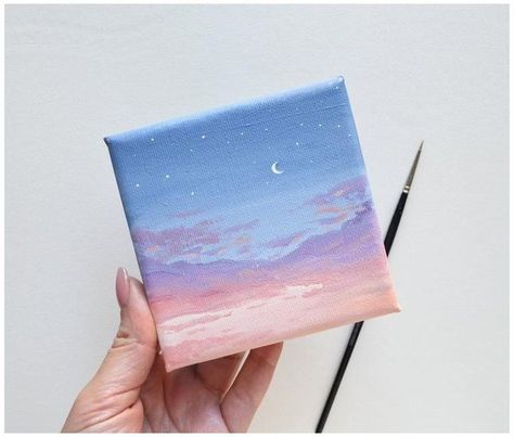 Dm @vizzy_vhee.art buy Mini Canvas Painting (4x4 inch) Sky Painting Acrylic, Mini Tela, Art Mini Toile, Mini Toile, Candy Clouds, Cotton Candy Sky, Small Canvas Paintings, Canvas Painting Tutorials, Simple Canvas Paintings