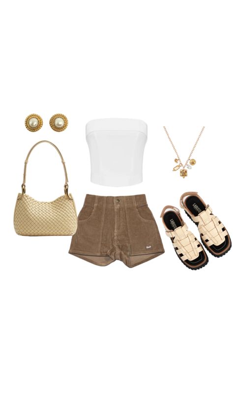 Brown Corduroy Shorts, White Strapless Top, Woven Leather Sandals, Corduroy Shorts, Brown Corduroy, Summer Chic, Leather Accents, Shorts White, Chic Outfit