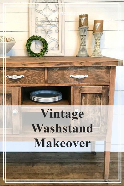 Take an old antique washstand and turn it into a beautiful unique piece keeping raw wood! #washstand #repurpose #upcycle #makeover Antique Wash Stand Repurposed, Wash Stand Repurposed, Washstand Makeover, Antique Washstand, Trash To Treasure Ideas, Antique Wash Stand, Wash Stand, Kinds Of Shapes, Antique Cabinets