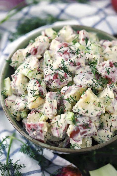 This easy make-ahead potato salad is packed with fresh dill, dijon and whole grain mustards, and coated in creamy buttermilk dressing! | bowlofdelicious.com #potatosalad #makeaheadsides Non Traditional Potato Salad, Potato Salad With Buttermilk, Buttermilk Potato Salad, Dill Red Potato Salad, Potato Salad With Pickles, Dill Potato Salad Recipe, Potato Salad With Dill, Dill Potato Salad, Dill Potato