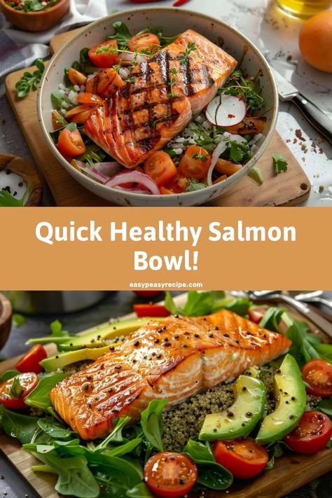 Grilled salmon fillet on a bed of fresh greens, cherry tomatoes, quinoa, and avocado slices. Easy Meal Prep Healthy, Salmon Bowl Recipe, Salmon Meal Prep, Salmon Quinoa, Welcome To My Kitchen, Meal Prep Healthy, Salmon Bowl, Grilled Tofu, Vegan Carrot Cakes