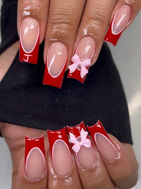 Pink Red Bottom Nails, Pink And Red Nails Acrylic, Red Wine French Tip Nails, Red Short Acrylic Nails, Red Acrylic Nails Short, Red Acrylic Nails Coffin, Red Nails Square, Red Nails Acrylic, Video Nails