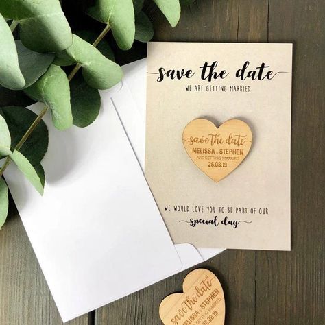 Wooden heart shaped save the date magnet on a piece of paper with envelope Magnet Wedding Invitations, Kraft Invitation, Foil Save The Dates, Rustic Wedding Save The Dates, Winter Invitations, Wedding Magnets, Invites Wedding, Unique Save The Dates, Rustic Save The Dates