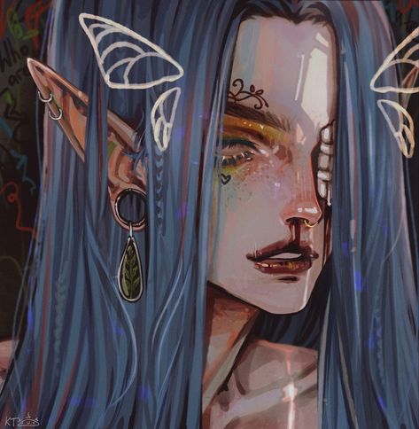 Blue Hair Fairy Art, Elf With Blue Hair, Red Hair Elf, Elf Drawings, Wonderland Characters, Warcraft Characters, Blue Haired Girl, Fairy Drawings, Secret Forest