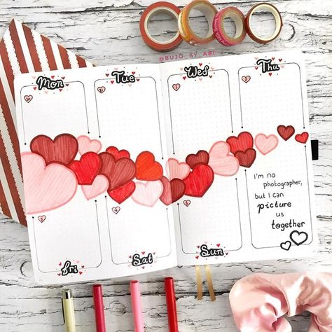 Bujo Themes February, Bujo Heart Theme, February Bulletin Journal Ideas, February Bujo Theme, Bullet Journal Febrero, Bujo February, February Spread, February Bujo, Journal February