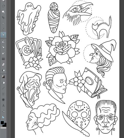 Halloween Tattoo Outline, American Traditional Halloween Flash, Tattoo Area Ideas, Outline Flash Tattoo, Frankenstein Flash Tattoo, Halloween Flash Tattoo Sheet, Halloween Flash Sheet Tattoo, Halloween Flash Art, Halloween Traditional Tattoo