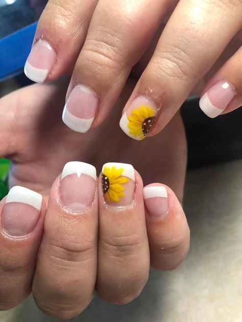 Sunflower Nails French Tip, Sunflower French Tip Nails, French With Sunflower Nails, French Tip With Sunflower Design, Short Nail Designs Sunflower, French Tip Acrylics, Sunflower Nails, Coral Nails, Flower Nail Art