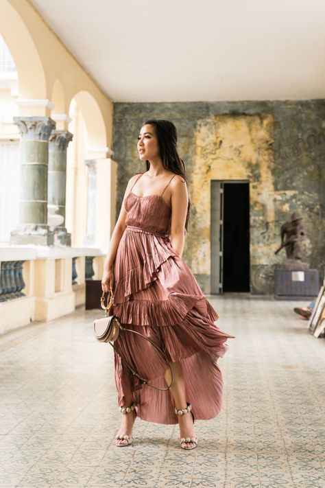 A tiered ruffle midi dress in a soft blush shade with studded heels. Wavy Braids, Mauve Prom Dress, Wendy Nguyen, Prom Dress Ideas, Wendy's Lookbook, Ruffle Midi Dress, Stylish Party Dresses, Mauve Dress, Midi Ruffle Dress