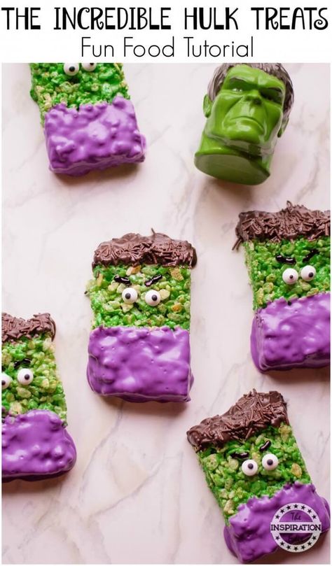 The Incredible Hulk Party Treats I remember watching The Incredible Hulk as a child.#recipe #Theincrediblehulk #ricekrispies #Hulk #Avengerspartyfood #avengersmovie #avengerspartyideas #partyideas #partyfood #funfood #themedfood #superheros #superherofood Hulk Party Ideas, Bento Lunchbox Ideas, Incredible Hulk Party, Super Hero Food, Superhero Party Food, Lunchbox Ideas For Kids, Hulk Birthday Parties, Hulk Party, Hulk Superhero