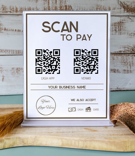 These minimal brown scan to pay sign poster are customizable and your business info is easy tot add **also as instant download**. With 2 QR codes you can choose venmo, paypal, cashapp or any other payment app to link to your sign for customers to easily pay for there purchase. This is the poster style which you can place in a pedestal, a frame, on the wall or as a flate poster on a table. Fashion Poster, Business Names, Qr Code, Art Show, Sign Poster, A Table, Coding