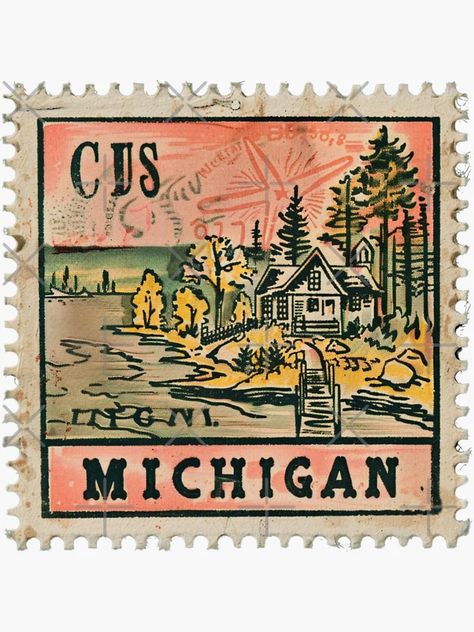 "Nostalgic Michigan Lakeside Cabin Stamp" Sticker for Sale by tiigerdad | Redbubble Michigan Sticker, Lakeside Cabin, Vintage Michigan, Vintage Postage Stamps, Vintage Postage, Northern Michigan, Postal Stamps, Mini Books, Junk Journals