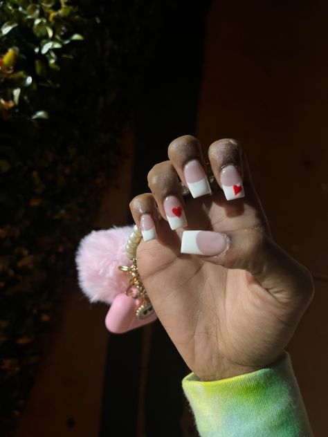 White French Tips Toes, French Tips Toes, Nails With Red Heart, French Tip Toes, Nails With Red, White French Tips, 3d Hearts, Red And White Nails, White French Tip