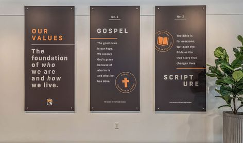 Values and Mission Statement https://creativewit.co/portfolio/storyline-church Church Lobby Design Foyers Seating Areas, Church Missions Wall Display, Small Church Foyer, Church Information Wall, Mission Statement Display, Modern Church Interior, Church Signage, Church Lobby Design, Church Welcome Center