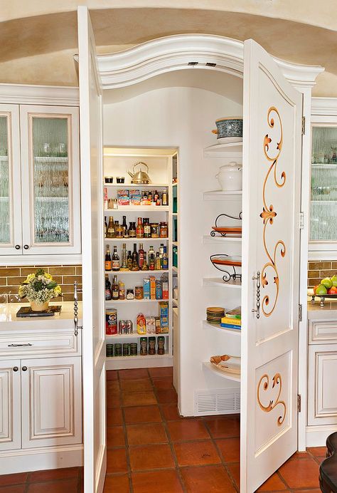 Perfect pantry doors for the modern Mediterranean kitchen with Spanish flavor Modern Mediterranean Kitchen, Colonial Remodel, Mediterranean Kitchen Design, Modern Pantry, Glass Pantry Door, Hidden Pantry, Perfect Pantry, Colonial Kitchen, Barn Style Sliding Doors