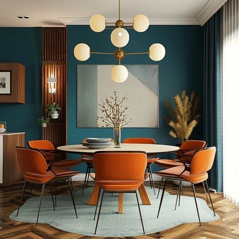 Midcentury Modern Color Palette Living Room, Mid Century Paint Colors Interior Design, Accent Wall Mid Century Modern, Interior Design Colorful Modern, Mid Century Modern Round Dining Table, Bold Dining Room Ideas, Colorful Home Office Design, Moody Small Dining Room, Mid Century Modern Design Interiors