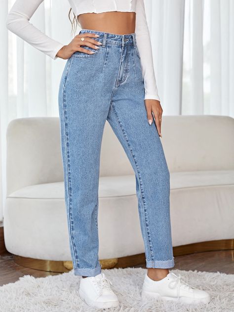 Light Wash    Denim Plain Mom Fit  Non-Stretch  Women Denim Cropped Denim Jacket Outfit, Girls Jeans Top, High Waisted Jeans Outfit, Mom Fit Jeans, Mum Jeans, High Wasted Jeans, Blue Mom Jeans, Blue Jean Outfits, Jeans Outfit Women