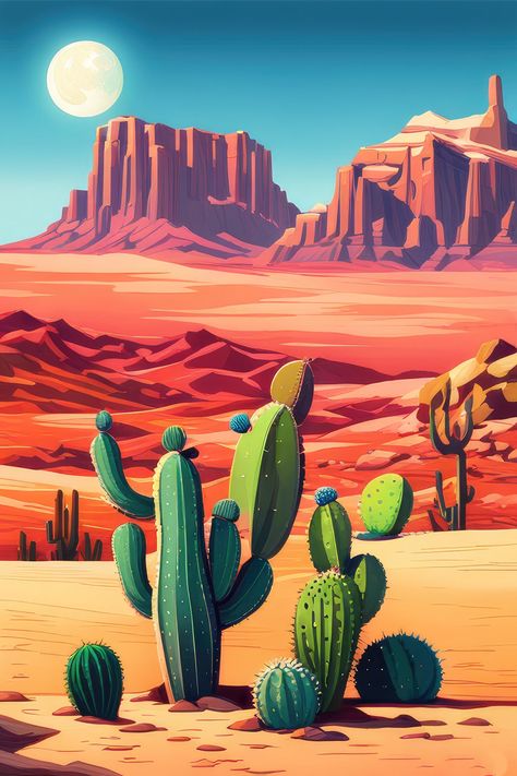 Sunset in The Southwest Digital Illustration I Art Print Cactus Digital Art, Desert Graffiti, Sedona Art, Cactus Inspiration, Cactus In Desert, Southwest Art Paintings, Desert Images, Mexican Landscape, Art Deco Landscape