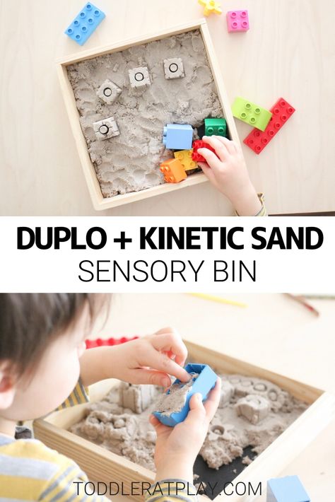 This Duplo + Kinetic Sand Sensory Bin is an easy sensory play idea that will keep your toddlers at play for a long time!  #sensorybin #sensoryplay #toddleractivity Kinetic Sand Sensory Bin, Sand Sensory Bin, Sensory Play Toddlers, Spring Crafts Preschool, Games To Play With Kids, Creative Playground, Preschool Activities Toddler, Kinetic Sand, Outdoor Activities For Kids