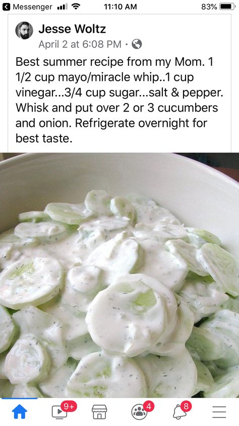 Creamy Cucumber Salad, Cucumbers And Onions, Creamy Cucumbers, Miracle Whip, Cucumber Recipes Salad, Cucumber Recipes, Summer Food, Salad Bar, Cucumber Salad