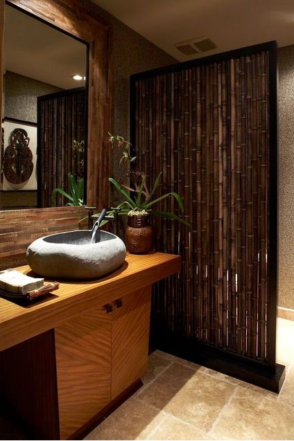 Get Inspired: Using Solid Bamboo Poles to Decorate Your Home - amaZulu Bathroom Spa Decor Ideas, Tropical Bathroom Decor, Zen Bathroom Decor, Zen Bathroom Design, Spa Bathroom Decor, Pintu Interior, Balinese Decor, Tropical Bathroom, Zen Bathroom