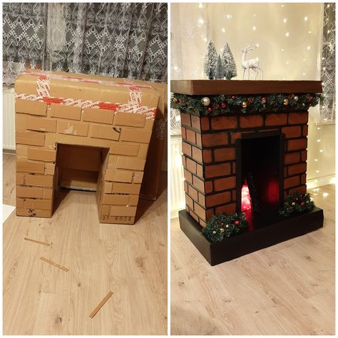 Diy Christmas Fireplace, Decoration Creche, Cardboard Fireplace, Carton Diy, Fake Fireplace, Faux Fireplace Diy, Christmas Fireplace Decor, Porch Christmas Decor Ideas, Porch Christmas Decor