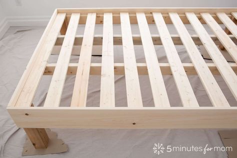 DIY Wood Bed Frame - How to Build a Bed Frame - 5 Minutes for Mom Pallet Double Bed Frame, Cheap Bed Frame Diy, How To Make A Bed Frame Wood, Diy Bed Stand, Simple Double Bed Frame, How To Make A Bed Frame Diy, Diy Easy Bed Frame, Easy Platform Bed Diy, Bed Building Ideas