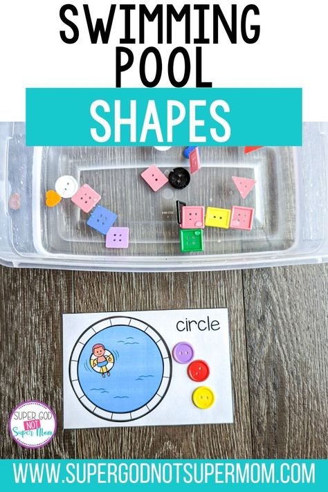 Practice identifying and sorting shapes with this fun swimming pool shapes activity. Let your toddler or preschool child fish out buttons from a water table, sensory bin or pool! Then sort them onto the matching card. This and more free preschool activities are ready for you on my blog! Water Lesson Plans Preschool, Swimming Activities For Kids, Water Theme Preschool Activities, Preschool Water Activities, Swimming Pool Shapes, Water Theme Preschool, Water Activities Preschool, Free Preschool Activities, Creative Curriculum Preschool