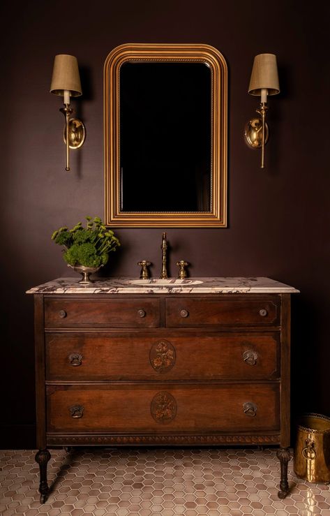 Inside a Playful Knoxville Restoration - The Interior Collective Antique Dresser Bathroom Vanity Marble, Country Bench, Bar Nook, Penny Tile Floors, Natural Sea Sponge, Antique Buffet, White Marble Countertops, White Cabinetry, Material Palette