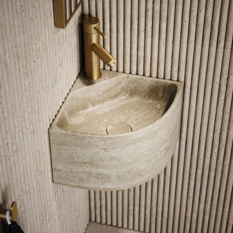 Travertine Lusso Stone Bathroom, Corner Basin Bathroom, Stone Basin Bathroom, Japandi Toilet, Marble Sink Bathroom, Unique Bathroom Sinks, Sink For Bathroom, Corner Basin, Corner Sink Bathroom