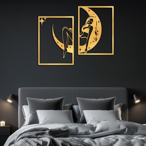 Mid Century Modern Bedroom Wall Decor, Women Apartment Decor, Gold Wall Decor Bedroom, White And Gold Wall Art, Celestial Room Decor, Modern Bedroom Wall Decor, Gold Metal Wall Art, Women Wall Art, Celestial Decor