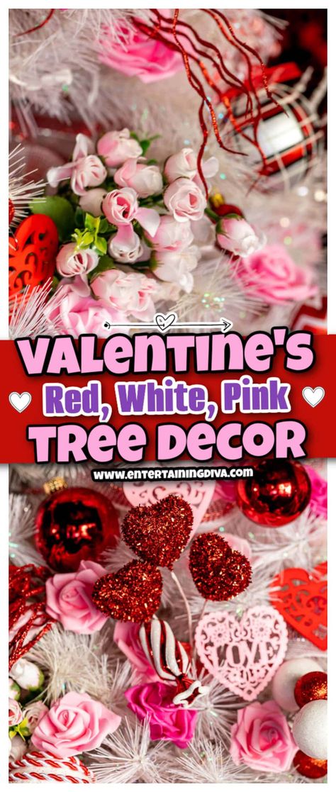 Looking for unique Valentine’s Day decor ideas? This romantic red, white and pink Valentine’s Day tree will make your room look beautiful! Valentine’s Day Tree Ornaments, Valentines Christmas Tree Ideas, Valentines Day Tree Ideas, Valentine’s Day Tree Ideas, Valentines Day Tree Decorations, Valentine Tree Ideas, Valentines Day Christmas Tree, Valentine Decor Ideas, Valentine's Tree