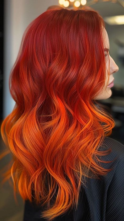 Vivid Ombre: 24 Hair Colors That Demand Attention Ginger Hair With Pop Of Color, Red Hair With Orange Tips, Ombre Hair Color Orange, Dark Red To Orange Ombre Hair, Vivid Fall Hair Color Ideas, Vivid Orange Hair, Red And Orange Ombre Hair, Burgundy And Orange Hair, Bright Red Ombre Hair