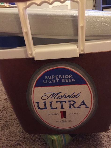 Michelob Ultra Frat Cooler, Mountain Weekend Cooler, Nola Cooler, Beer Pong Table Diy, Michelob Ultra Beer, Frat Formal, Fraternity Cooler, Painted Coolers, Formal Cooler Ideas