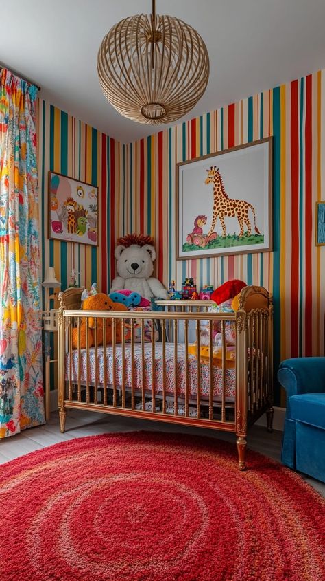 A vibrant gender-neutral nursery with striped wallpaper, vintage furniture, plush toys, and animal wall art, creating a Unisex Baby Nursery Ideas, Colorful Nursery Ideas, Stunning Nursery, Red Crib, Antique Crib, Gender Neutral Nursery Design, Baby Nursery Ideas, Twin Nursery, Nursery Designs