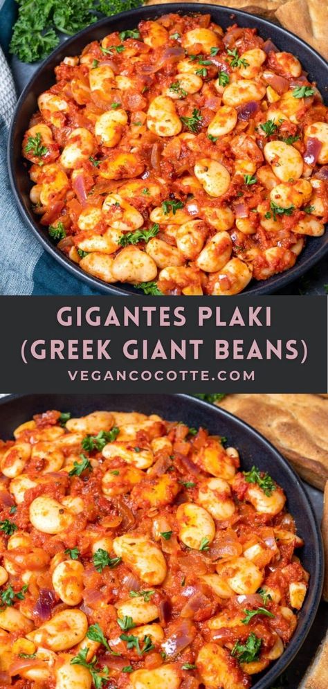 Gigantes Plaki (Greek Giant Beans) Greek Gigantic Beans, Giant Bean Recipes, High Protein Vegetable Side Dishes, Gigante Bean Recipes, Mediterranean Butter Beans, Eat Like A Greek, Giant Beans Greek, Greek Platter Mediterranean Dishes, Greek Recipes Vegan