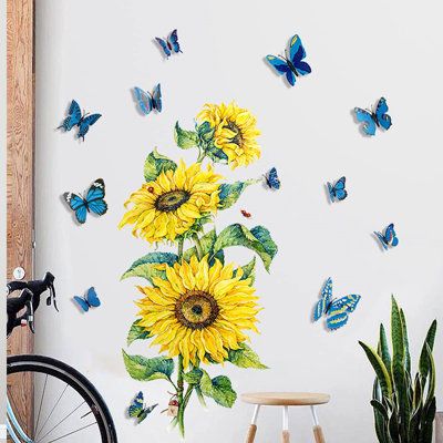 3D Butterfly Sunflower Wall Decals Garden Flower Wall Stickers Bedroom Living Room TV Wall Art Decor Murals (Sunflower and Orange Butterfly) | Gracie Oaks Wall Stickers Bedroom Living Room TV Wall Art Decor Murals 11.8 in | Home Decor | C008363265 | Wayfair Canada Yellow Flower Art, Living Room Vinyl, Tv Wall Art, Butterfly Sunflower, Wall Sticker Design, Butterfly Wall Decals, 3d Color, Sunflower Wall Art, Wall Stickers 3d