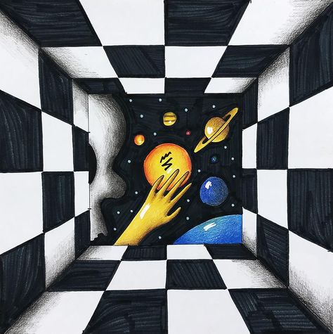 hall illusion with surreal ending (sharpie and colored pencil) Color Optical Illusions, Color Illusions, Optical Illusion Drawing, Space Drawings, Illusion Drawings, Middle School Art Projects, Optical Illusions Art, Perspective Art, Illusion Art