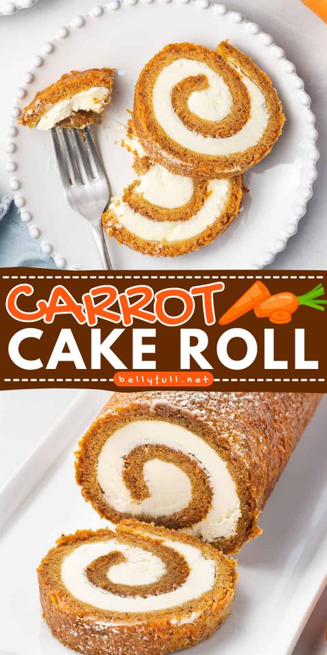 This Carrot Cake Roll with Cream Cheese Filling is a combination of two wonderful desserts – spice cake and classic cake carrot. A moist cake is rolled with a smooth, tangy, and sweet cream cheese frosting for a perfect Easter dessert. Carrot Roll, Carrot Cake Ideas, Carrot Cake Roll Recipe, Sweet Bread Loaf, Spicy Carrot Cake, Carrot Cake Roll, Side Dishes Easter, Easter Dinners, Coffee Cake Loaf