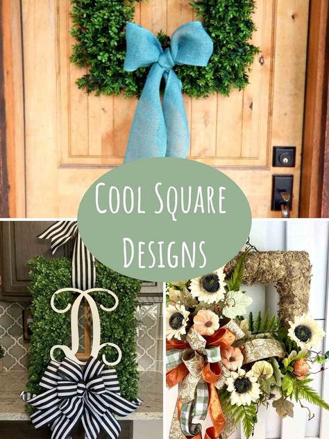 33 Cutest Square Wreath Ideas + DIY - PinkPopDesign Rectangle Wreath Ideas, Diy Square Christmas Wreath, Square Moss Wreath, Diy Square Wreaths For Front Door, Diy Square Wreath, Square Metal Wreath Frame Ideas, Square Wire Frame Wreath Ideas, Dollar Tree Square Wreath Form Ideas, Square Wire Wreath Ideas Diy