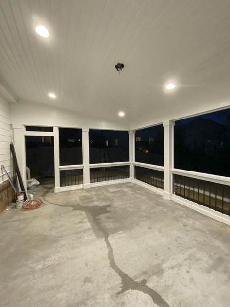 Screened-in Porch Details - Love Your Abode Small Screened In Porch Decorating Ideas Patio Outdoor Spaces, Screened In Porch Off Kitchen, Backyard With Screened In Porch, Enclosed Concrete Patio Ideas, Screened In Porch Floor, Screened In Porch With Shed Roof, Screened In Porch On Concrete, Screened In Porch Daybed, Screened In Patio Flooring Ideas