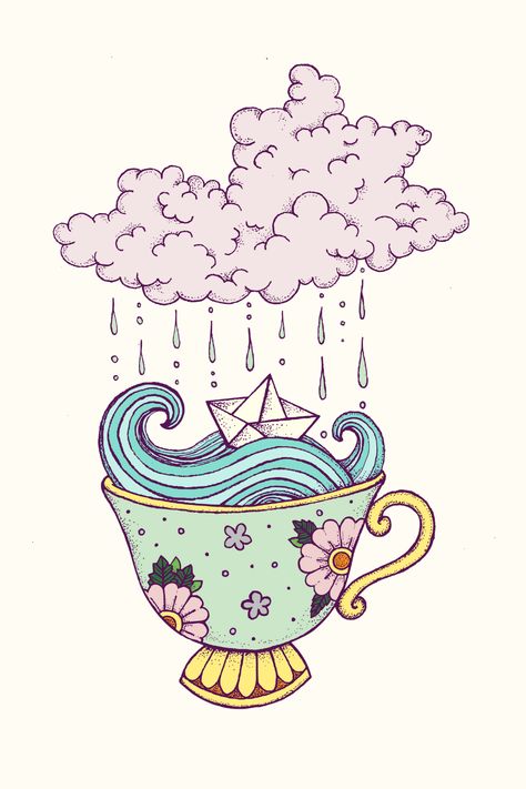 An illustration of a paper boat riding stylized waves in an old-fashioned teacup decorated with flowers. Overhead, rain falls from a storm cloud. Teacup Drawing, Aesthetic Wave, Cute Tattoo Design, Grandmacore Aesthetic, Tea Cup Drawing, Teacup Tattoo, Storm In A Teacup, Tea Cup Design, Cute Tattoo