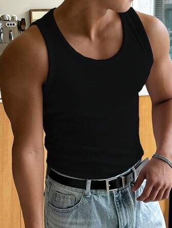 Women's & Men's Clothing, Shop Online Fashion SHEIN Black Tank Top Outfit Men Aesthetic, Male Tank Top Drawing Reference, Black Wife Beater Outfit Men, Guy In Tank Top, Mens Tank Top Outfits, Black Tank Top Outfit Men, Sleeveless Shirt Outfit Men, Men In Tank Tops, Men Tank Top Outfit