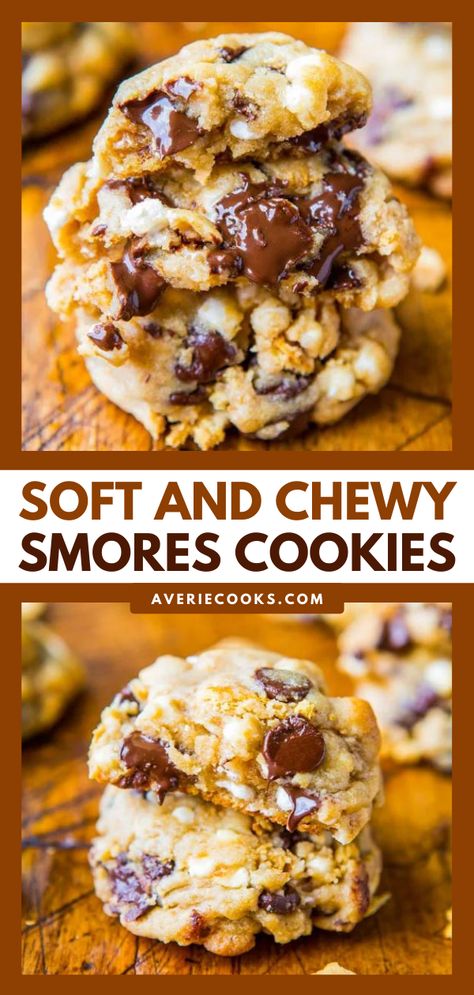 S'mores Cookies Recipe (Soft & Chewy!) - Averie Cooks Easy Dessert Idea, Memorial Day Foods, S Mores Cookies, Averie Cooks, Marshmallow Cookies, Easy Chocolate Desserts, Smores Cookies, Baking Recipe, Chewy Chocolate Chip