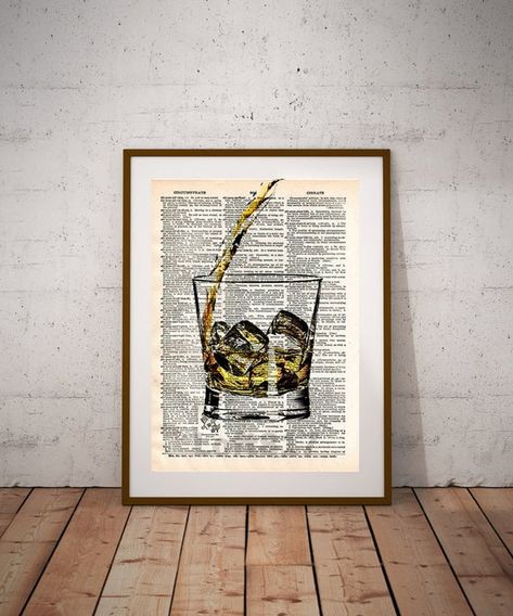 Whiskey pour on the rocks, Whiskey splash art, pour me a whiskey. Whiskey bar art print. These unique and original artwork are printed on authentic vintage early 1900s dictionary paper from books i have rescued from booksellers who decided they were in unworthy condition and destined for Industrial Man Cave, Whiskey Art, Ultimate Man Cave, Home Bar Design, Man Cave Basement, Man Cave Art, Cave Art, Whiskey Bar, Man Cave Home Bar