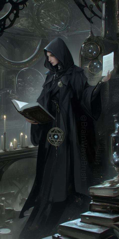 AI-generated digital art of a dark mage in a shadowy library, holding an open book and surrounded by mystical symbols and charts. The mage wears a hooded black robe adorned with a glowing pendant, with candles and ancient artifacts adding to the arcane atmosphere. Arcane Library, Grimm Aesthetic, Wizard Robes, The Mage, Mystical Symbols, Celestial Map, Vampire Gothic, Black Mage, Fantasy Wizard