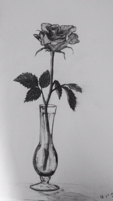 Charcoal Art Flowers, Rose In Jar Drawing, Vase Pencil Drawing, Rose In Vase Drawing, Flowers In Vase Drawing Pencil, Easy Charcoal Drawings, Charcoal Drawing Glass Bottle, Flower Vase Drawing, Art Sources